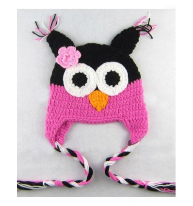 Handmade Knitted Owl Baby Hat Black/HotPink