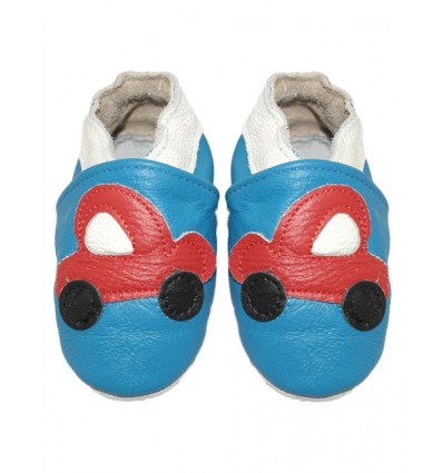 Blue Car Leather Baby Booties
